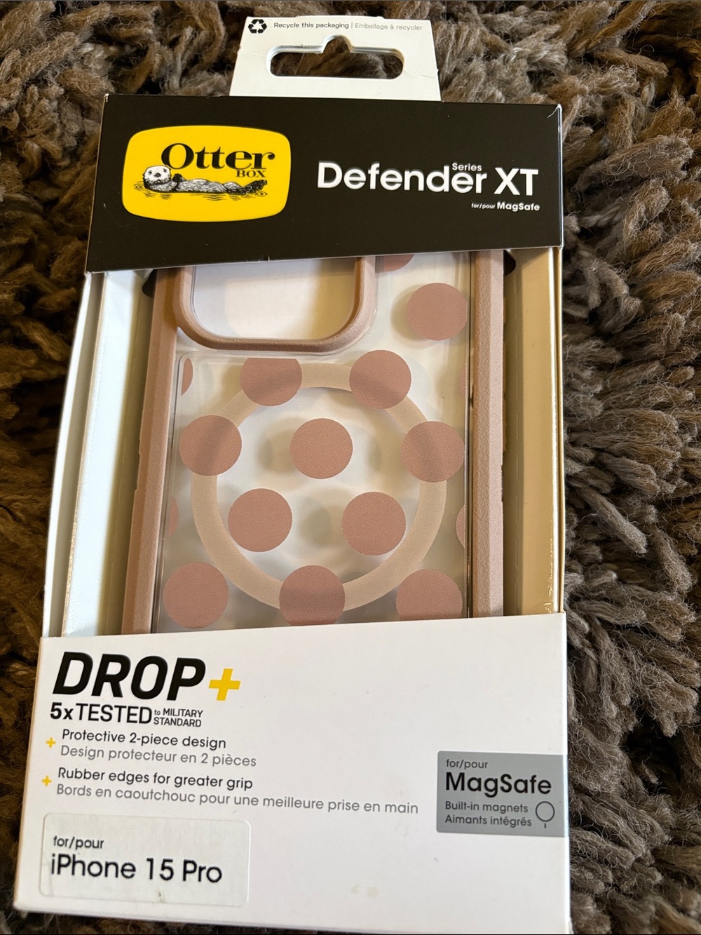 OtterBox Defender XT MagSafe Case for iPhone 15 Pro - Rose Gold Polka Dot. Mauve